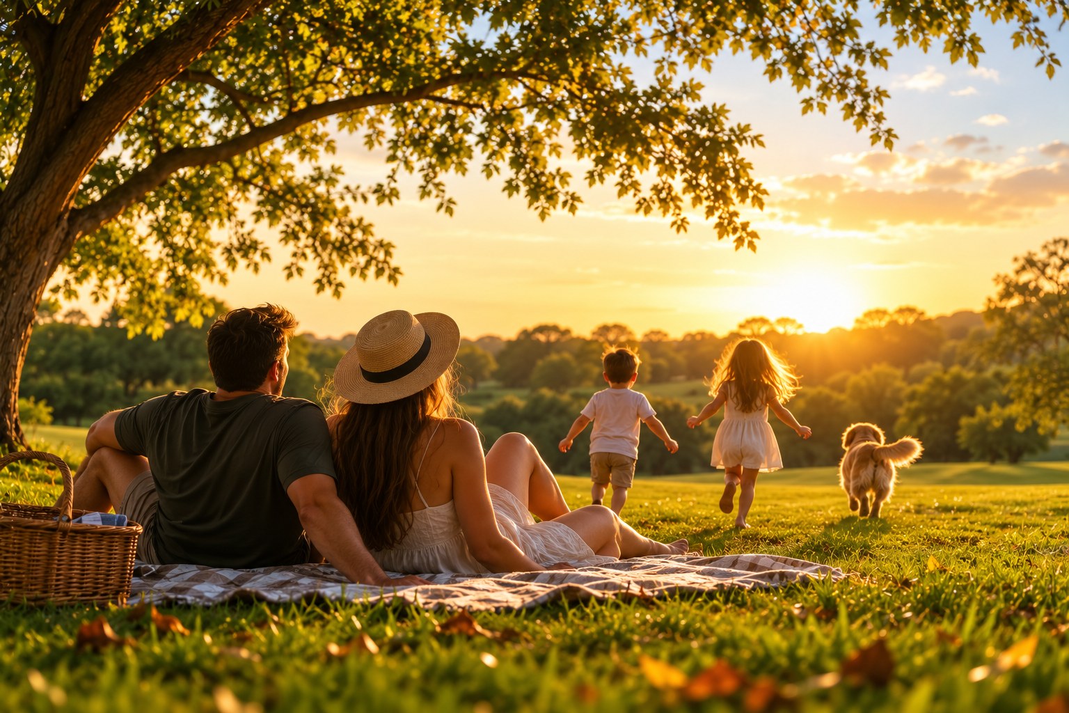 Família aproveitando o pôr do sol em meio à natureza
