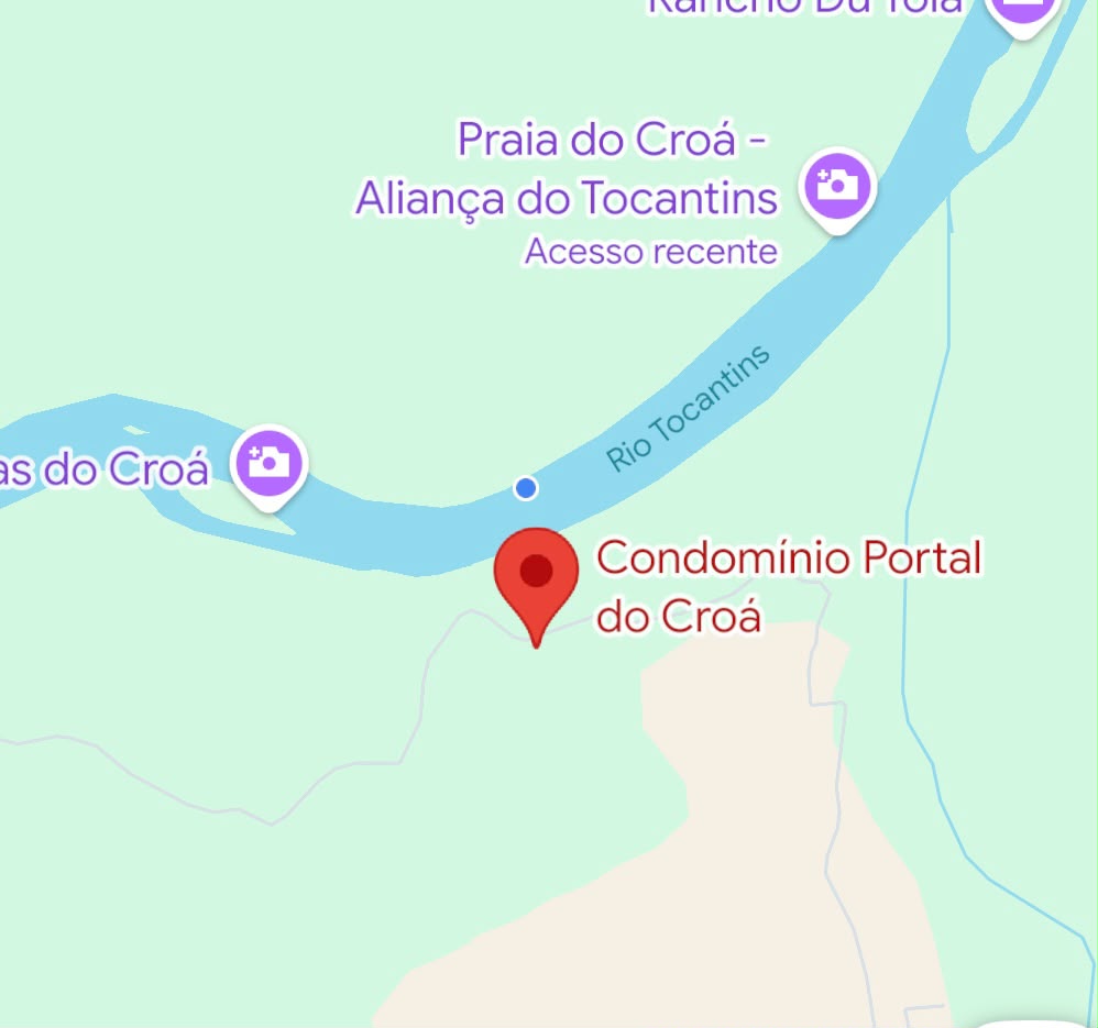 Mapa mostrando a localização do Condomínio Portal do Croá, o Rio Tocantins e a Praia do Croá